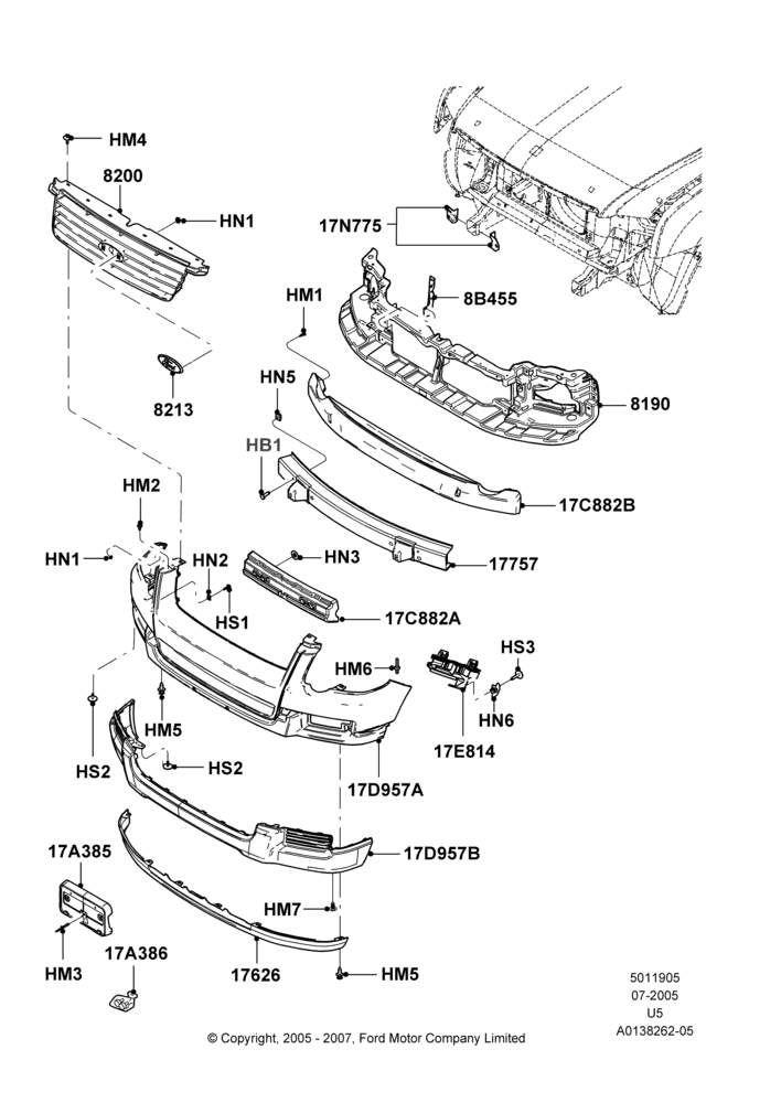 05F - Radiator Grille and Front Bumper, Base, Ford Series; 19/JUL/2005-07/AUG/2006