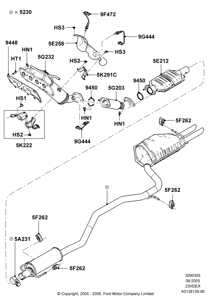 05D - Exhaust System, 2.3L Duratec-HE (145PS) - MI4, With California/Green State Req; 01/AUG/2005-04/FEB/2009
