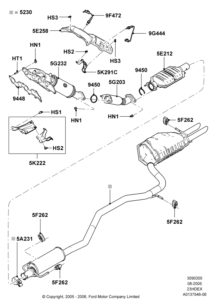 05C - Exhaust System, 2.3L Duratec-HE (145PS) - MI4, With 49 State/Non Green State Req; 01/AUG/2005-04/FEB/2009