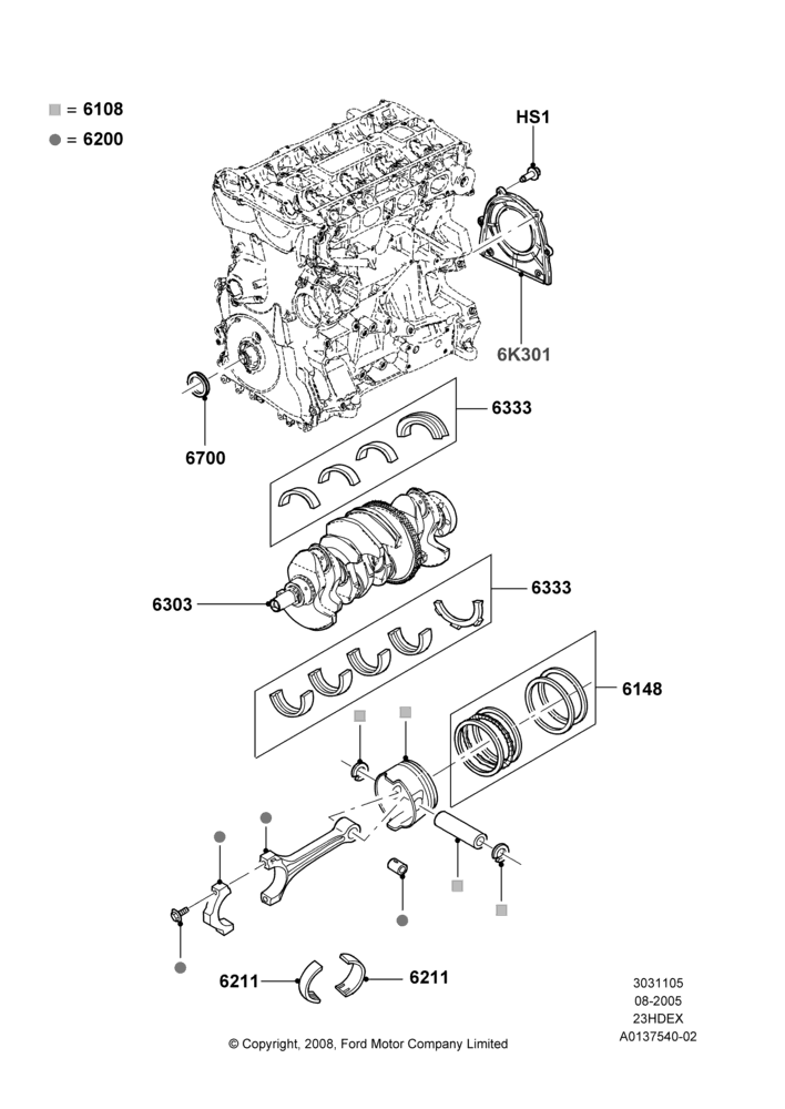 05B - Crankshaft/Pistons and Bearings, 2.3L Duratec-HE (145PS) - MI4; 01/AUG/2005-04/FEB/2009