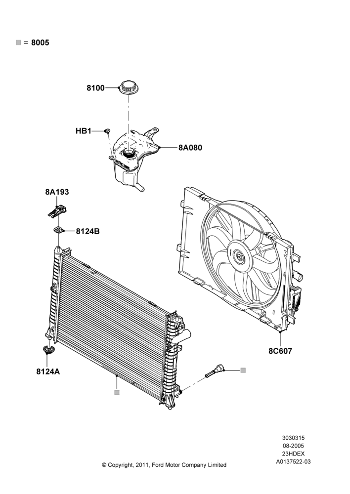 15B - Radiator/Coolant Overflow Container, 2.3L Duratec-HE (145PS) - MI4; 01/AUG/2005-04/FEB/2009