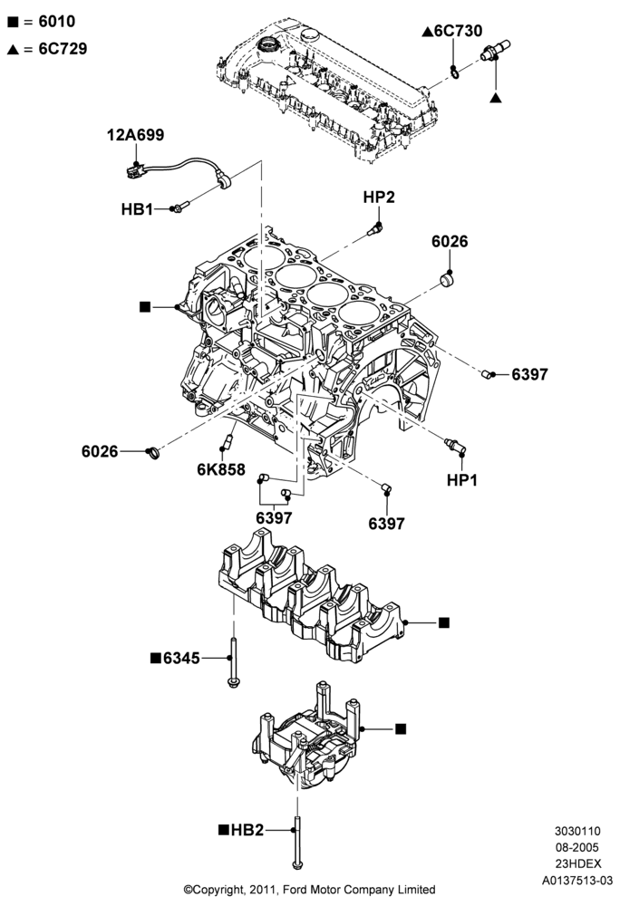 10B - Cylinder Block and Plugs, 2.3L Duratec-HE (145PS) - MI4; 01/AUG/2005-04/FEB/2009