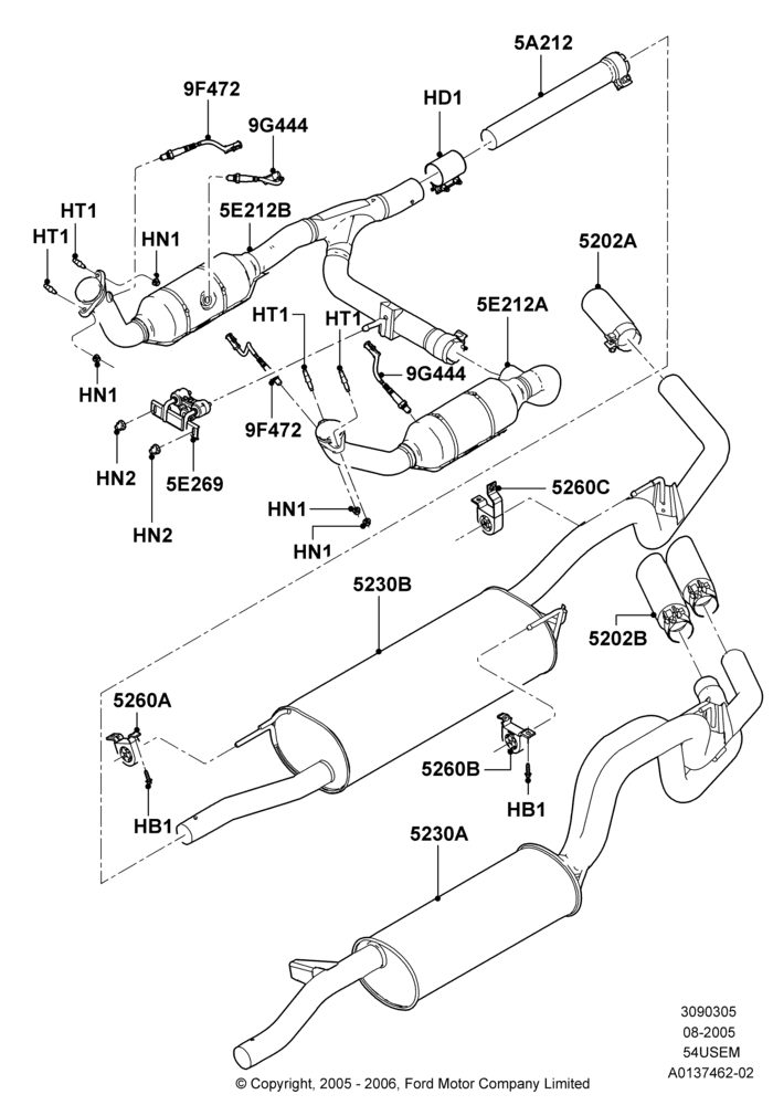 Exhaust System, 5.4L 3V V8, 50 State Emission Requirements, With California/Green State Req