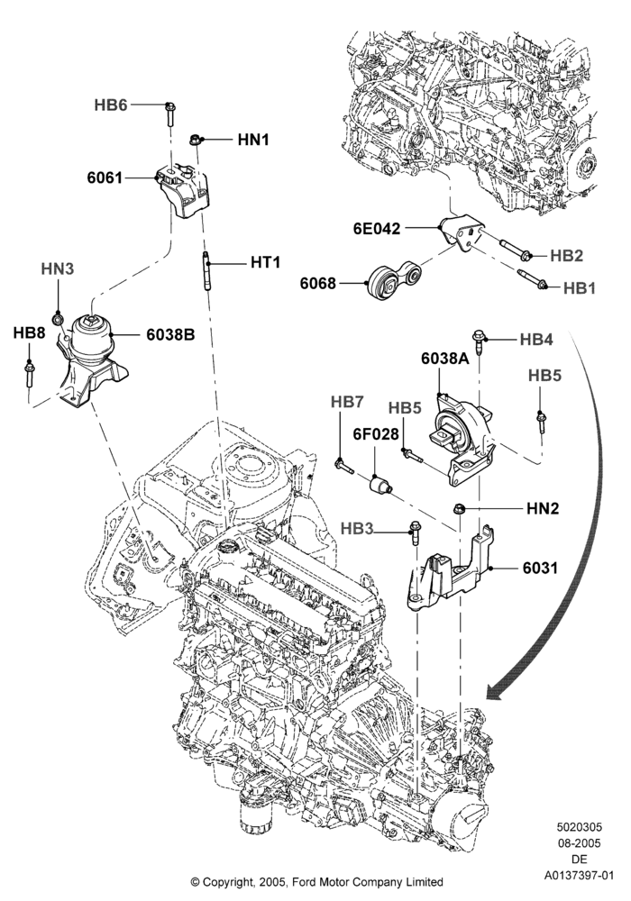05A - Engine Mounting, 2.3L Duratec-HE (145PS) - MI4, Manual Transmission; 01/AUG/2005-04/FEB/2009
