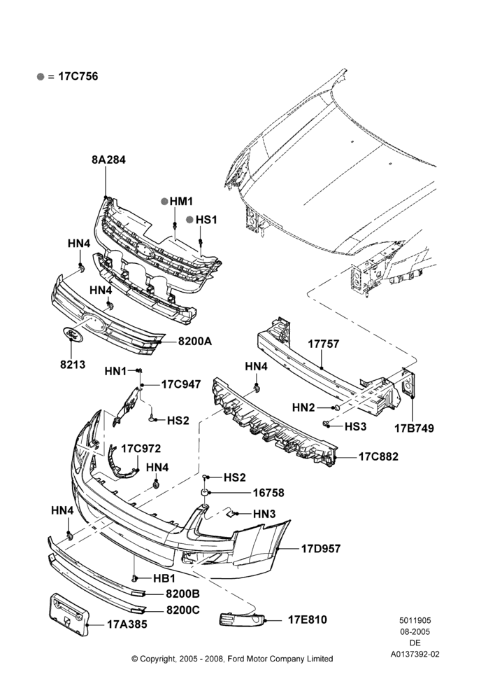 05A - Radiator Grille and Front Bumper, Ford Division Derivative; 01/AUG/2005-30/AUG/2006