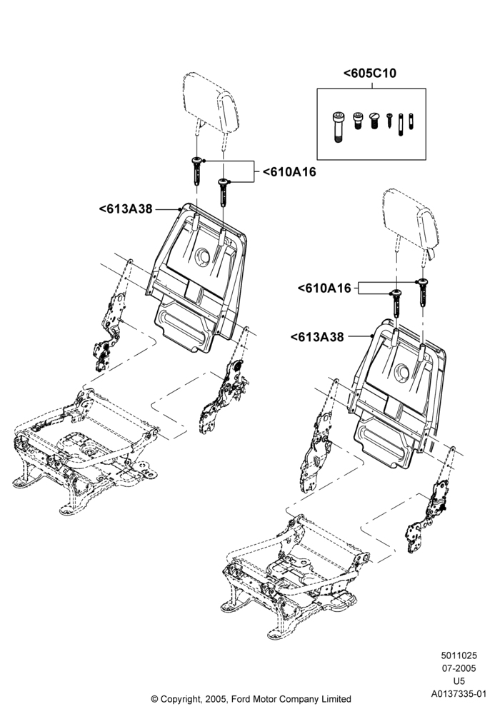 25O - Rear Seat Back, 2nd Row Low Back Bucket Seats; 19/JUL/2005-16/DEC/2010