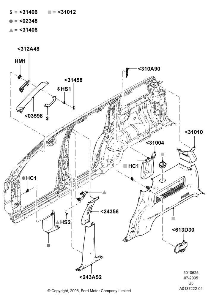25J - Side Trim, All Third Row Seating, Less Upgraded Sound System, RH; 19/JUL/2005-16/DEC/2010
