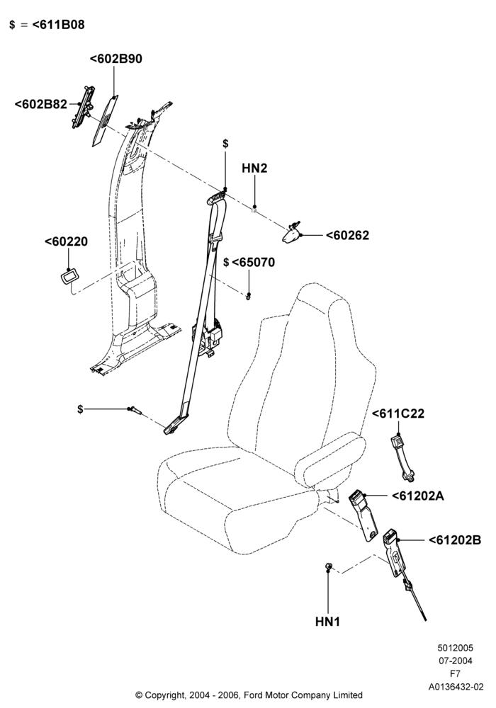 05L - Front Seat Belts, Crew Cab, With Captain Chair Front Seats, With High Back Front Seats; 19/JUL/2004-18/DEC/2006
