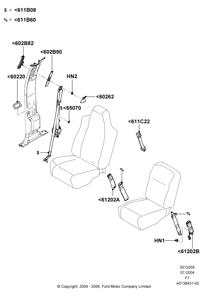 05K - Front Seat Belts, Crew Cab, With 40/20/40 Split Bench Frnt Seat; 19/JUL/2004-18/DEC/2006