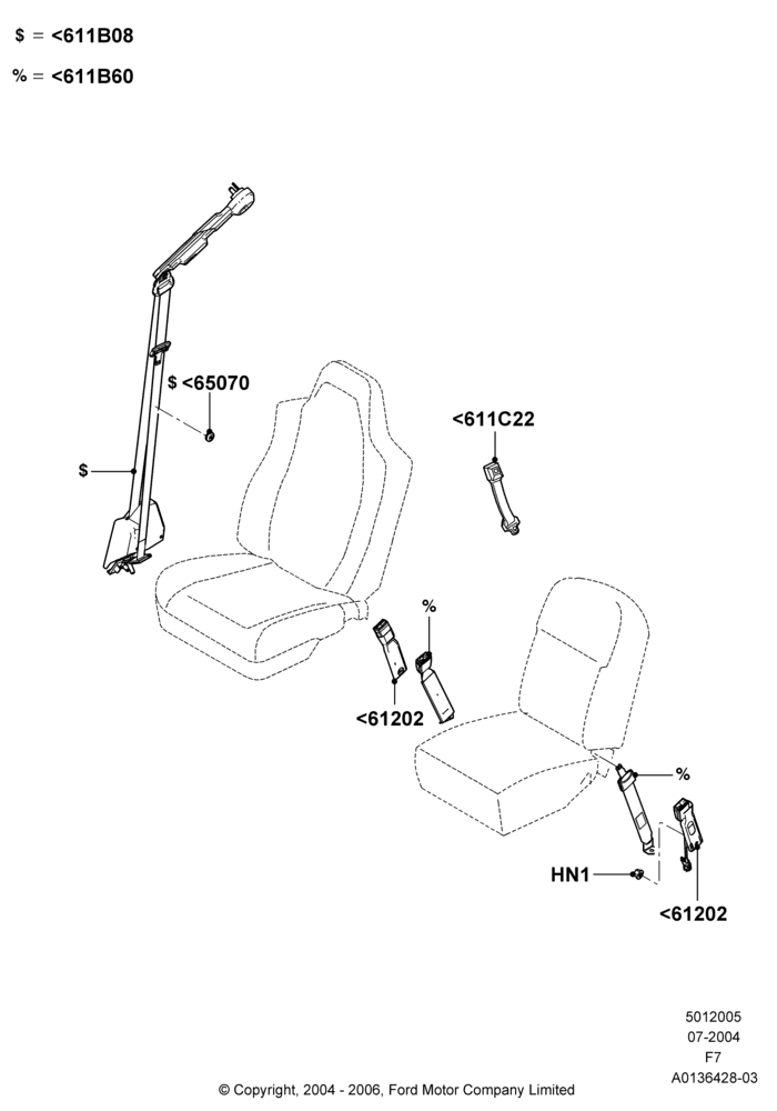 05E - Front Seat Belts, Less Fr Seat Integrated Restraints, Super Cab, With 40/20/40 Split Bench Frnt Seat; 19/JUL/2004-18/DEC/2006