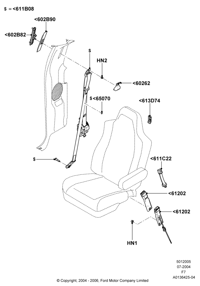 05C - Front Seat Belts, Regular Cab, With Captain Chair Front Seats, With High Back Front Seats; 19/JUL/2004-18/DEC/2006