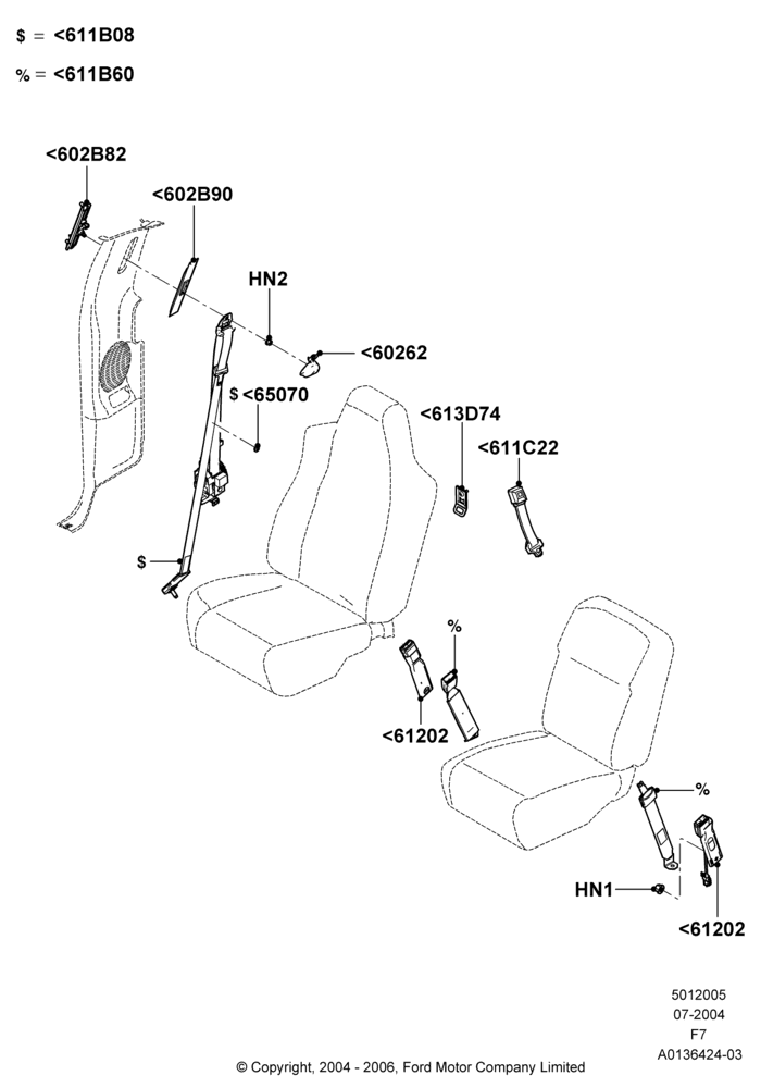 05B - Front Seat Belts, Regular Cab, With 40/20/40 Split Bench Frnt Seat; 19/JUL/2004-18/DEC/2006