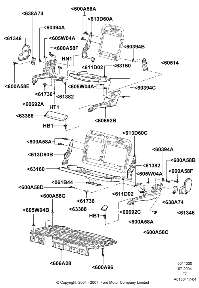 30D - Rear Seat Base, 2nd Row 60/40 (3 P) Folding Seat, Crew Cab; 19/JUL/2004-18/DEC/2006