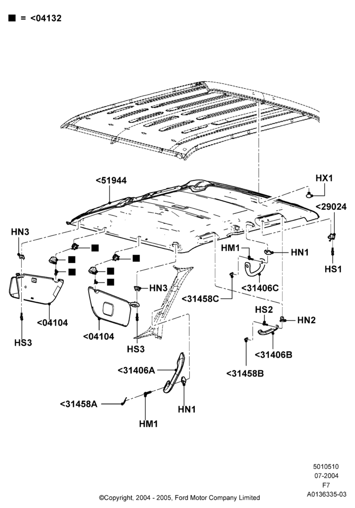 10D - Headlining and Sun Visors, Crew Cab, With Electric Slide Sunroof; 19/JUL/2004-18/DEC/2006