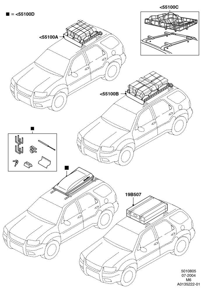 05XA - Roof Rack Systems, Accessory, Luggage Cargo Basket, Load Warrior, Load Warrior Extension, Sport Rack Cargo Box; 26/JUL/2004-02/MAY/2005