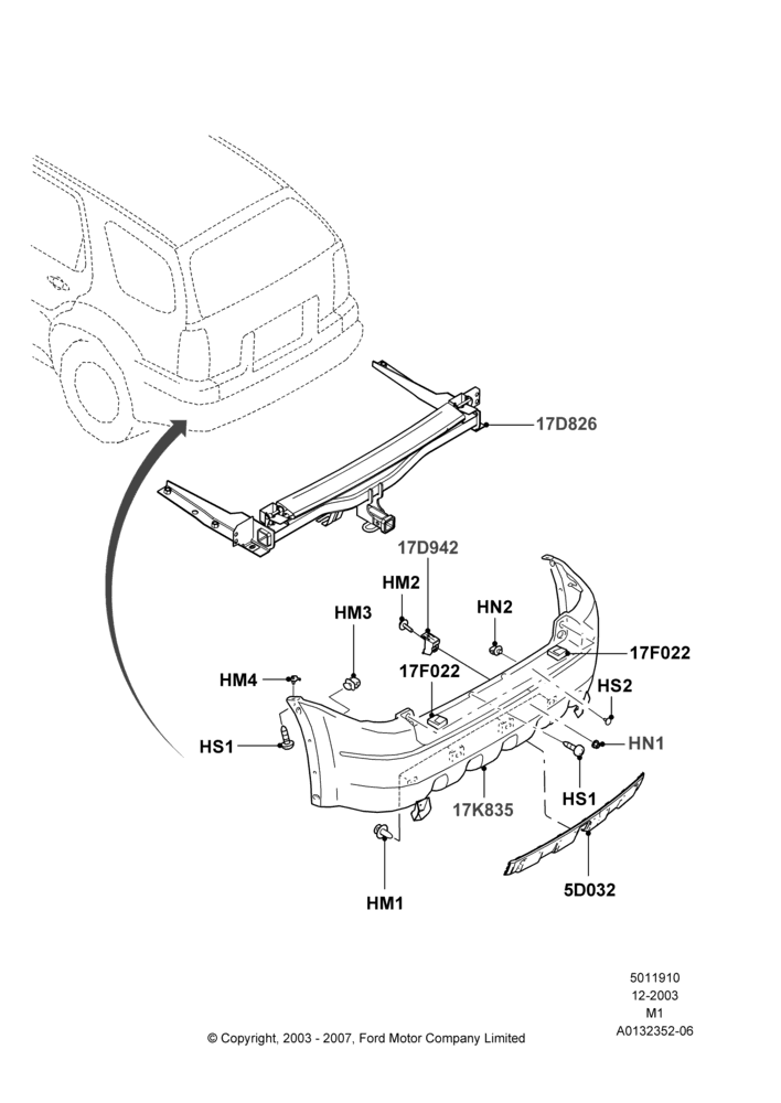 10G - Rear Bumper, (+) North American Markets, Ford Series, No Boundaries Roof Luggage Rack; 22/DEC/2003-01/MAY/2006