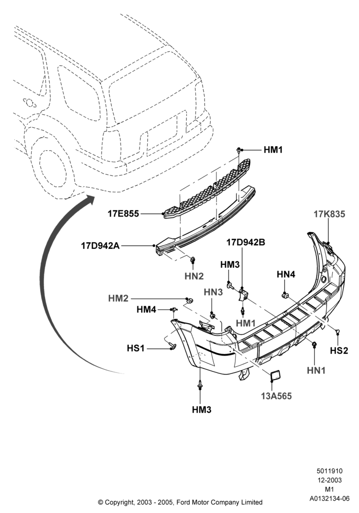 10E - Rear Bumper, (+) North American Markets, Ford Series, Less No Boundaries Roof Lugg Rack; 22/DEC/2003-01/MAY/2006