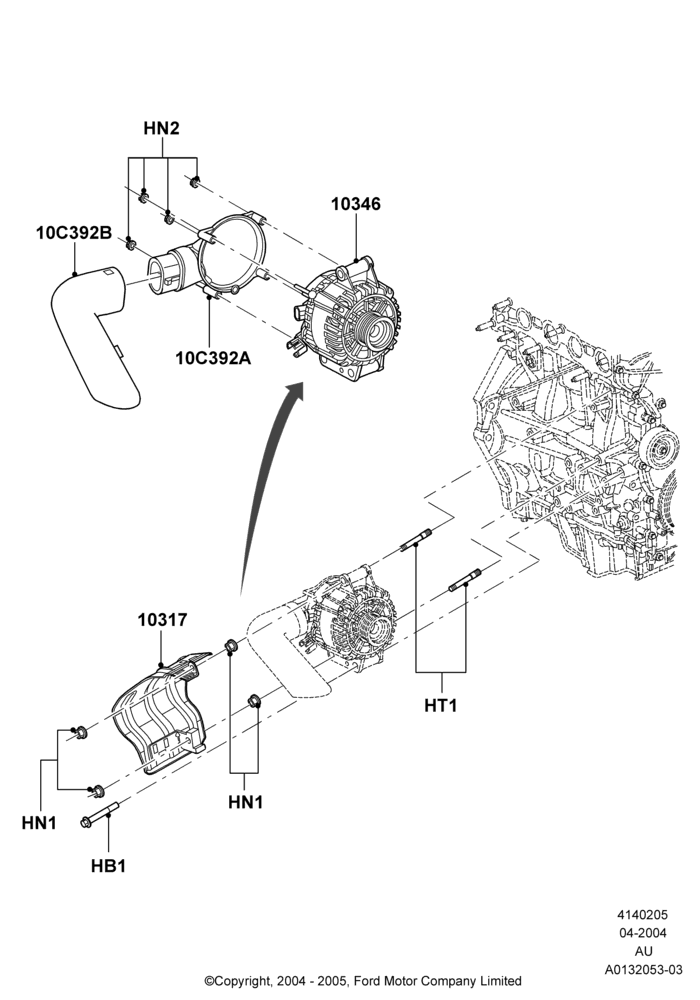 05E - Alternator and Mountings, 50 State Emission Requirements, With 49 State/Non Green State Req; 05/APR/2004-29/NOV/2004