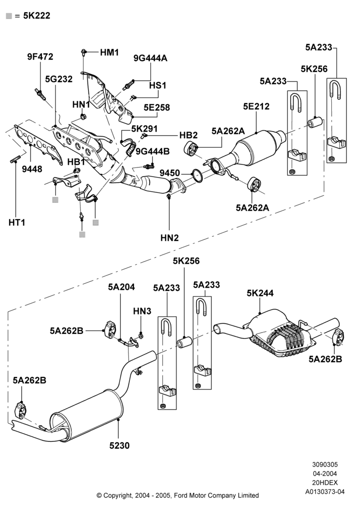 05B - Exhaust System, 50 State Emission Requirements, 2.0L Duratec HE (137PS), Less PZEV Evaporative Emission, With 49 State/Non Green State Req; 05/APR/2004-18/JUL/2005