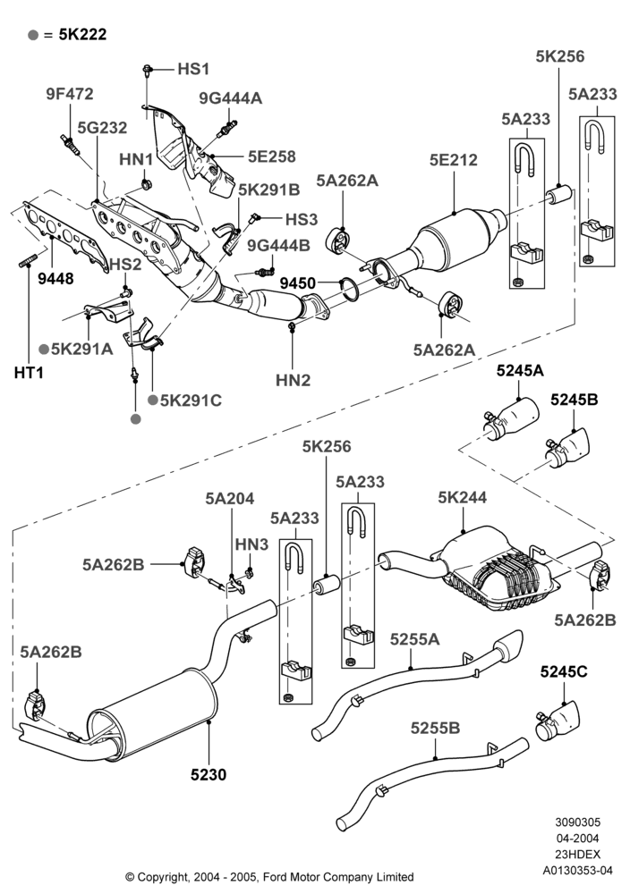 05B - Exhaust System, 2.3L Duratec-HE (145PS) - MI4; 05/APR/2004-27/AUG/2007