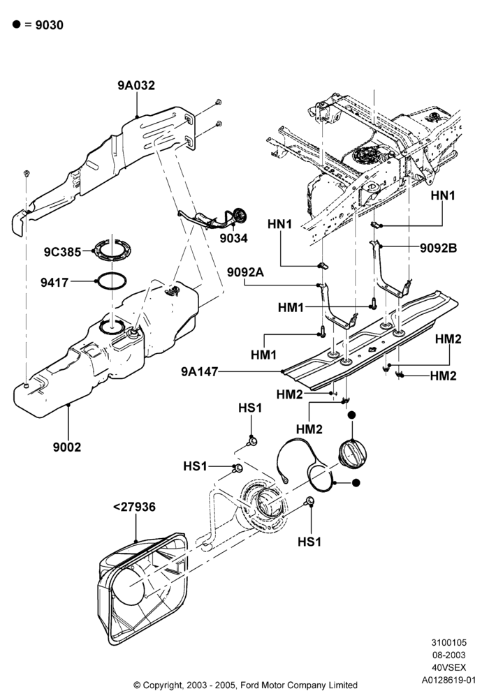 05X - Fuel Tank, 126"/3200MM Wheelbase, 4.0L V6 12V SOHC EFI, Skid Plate, Super Cab, With Flareside Box - Steel; 04/AUG/2003-18/AUG/2008