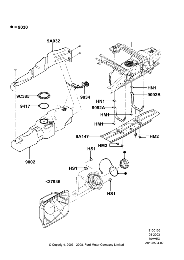 05J - Fuel Tank, 126"/3200MM Wheelbase, 3.0 V6 12V OHV EFI, Skid Plate, Super Cab, With Flareside Box - Steel; 04/AUG/2003-18/AUG/2008