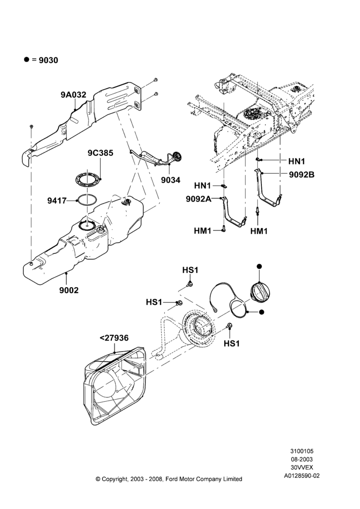 05E - Fuel Tank, 126"/3200MM Wheelbase, 3.0 V6 12V OHV EFI, Less Underbody Protection, Styleside Box - STL Inner/Outer, Super Cab; 04/AUG/2003-18/AUG/2008