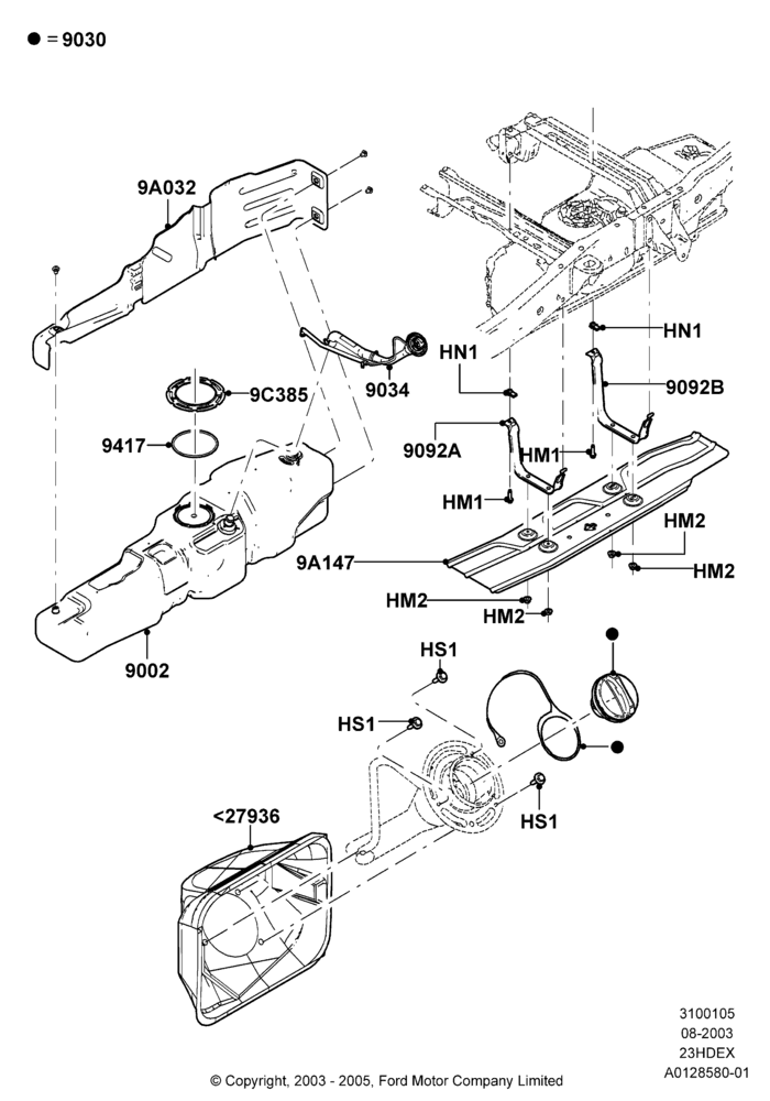 05F - Fuel Tank, 126"/3200MM Wheelbase, 2.3L 4V NA I4 Petrol, Skid Plate, Styleside Box - STL Inner/Outer, Super Cab; 04/AUG/2003-18/AUG/2008