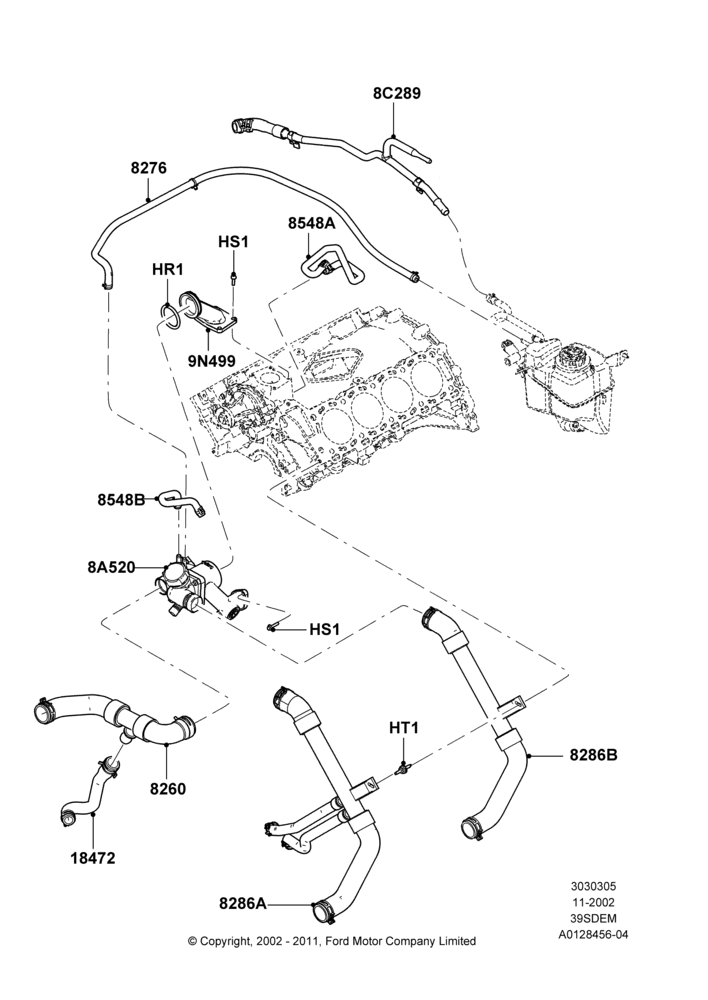 05D - Cooling System Pipes and Hoses, 3.9L Dohc EFI NA V8 Gas*HP; 18/NOV/2002-01/JUL/2005