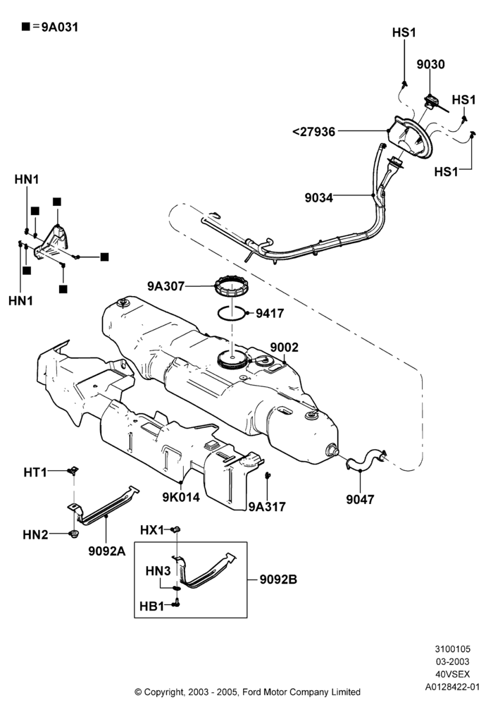 05M - Fuel Tank, 4.0L V6 12V SOHC EFI, Less Skid Plates; 04/AUG/2003-01/MAR/2004
