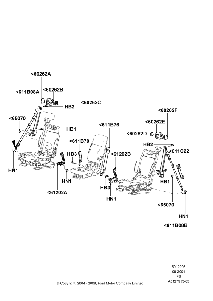 05D - Front Seat Belts, Super Cab, With 40/20/40 Split Bench Frnt Seat, With Split Bench Front Seat, With Sport 40/20/40 Front Seat; 23/AUG/2004-18/AUG/2008