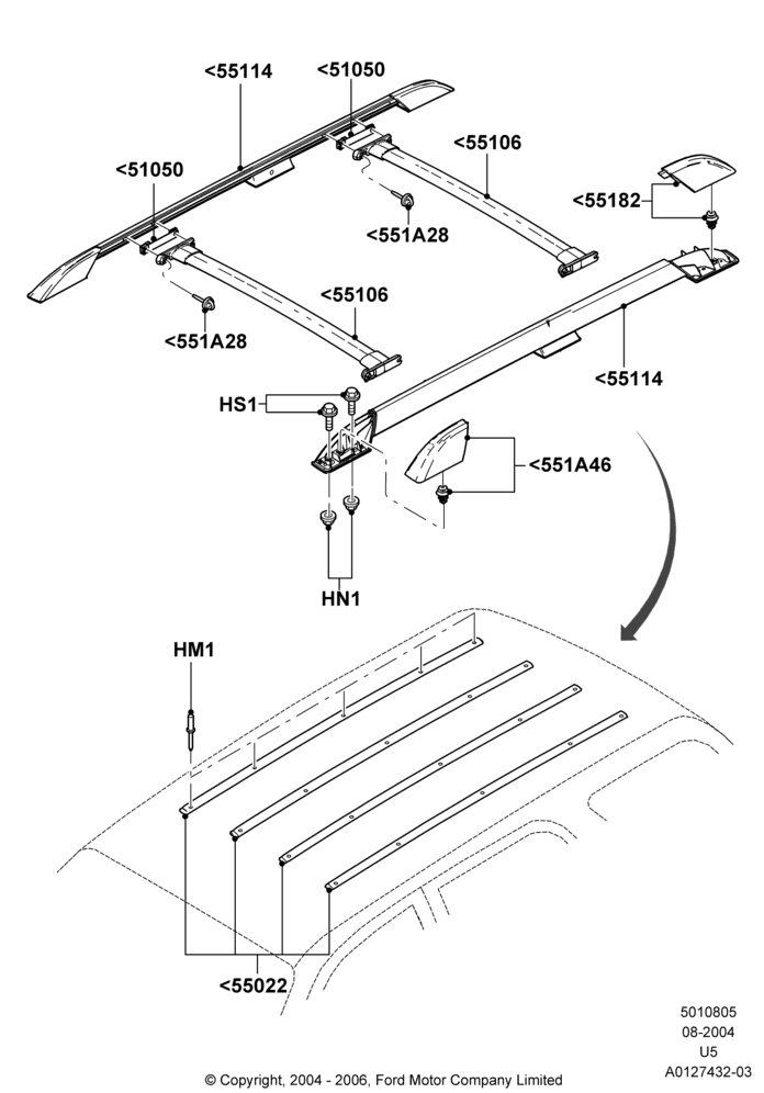 05E - Roof Rack Systems, Production Installed; 02/AUG/2004-19/JUL/2005