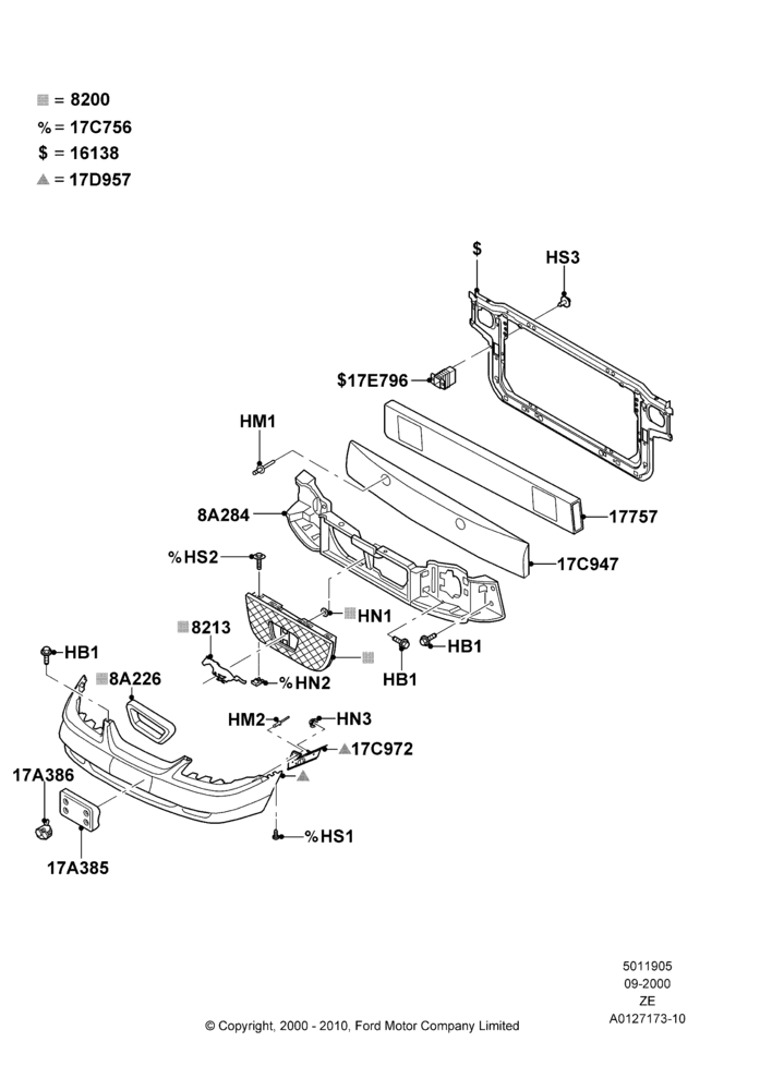 05B - Radiator Grille and Front Bumper, Base, GT, Production Installed; 18/SEP/2000-05/AUG/2002