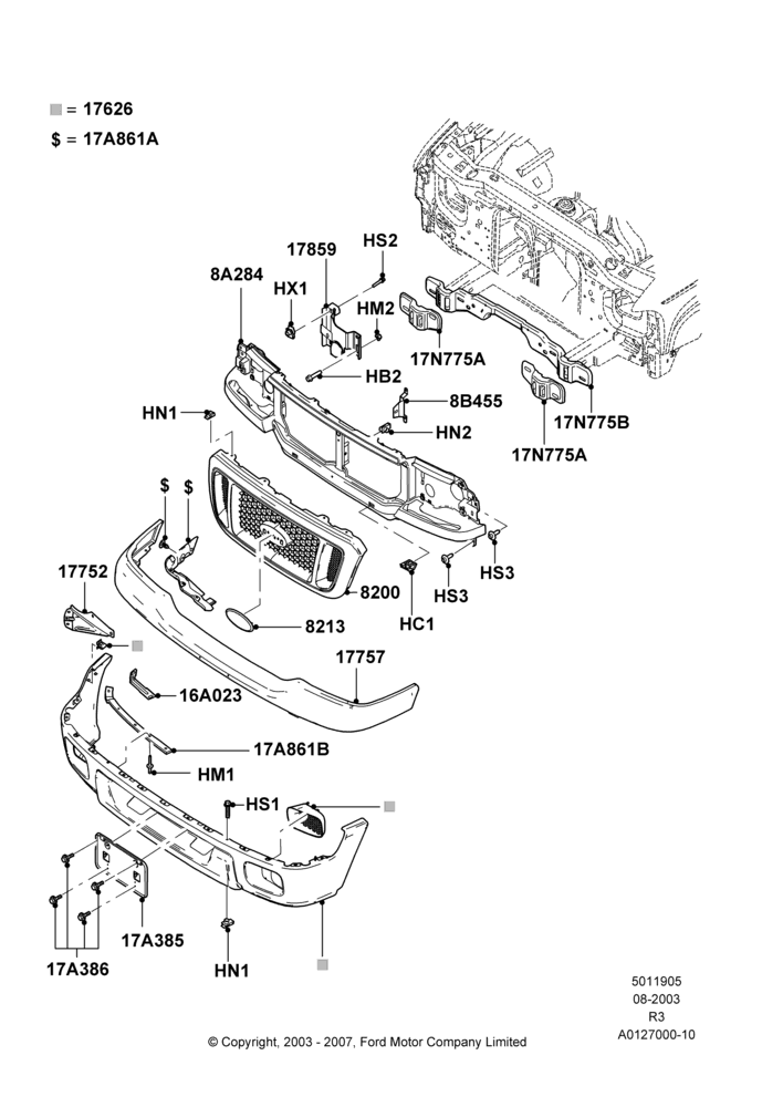 05A - Radiator Grille and Front Bumper, Less STX Package; 04/AUG/2003-08/AUG/2005