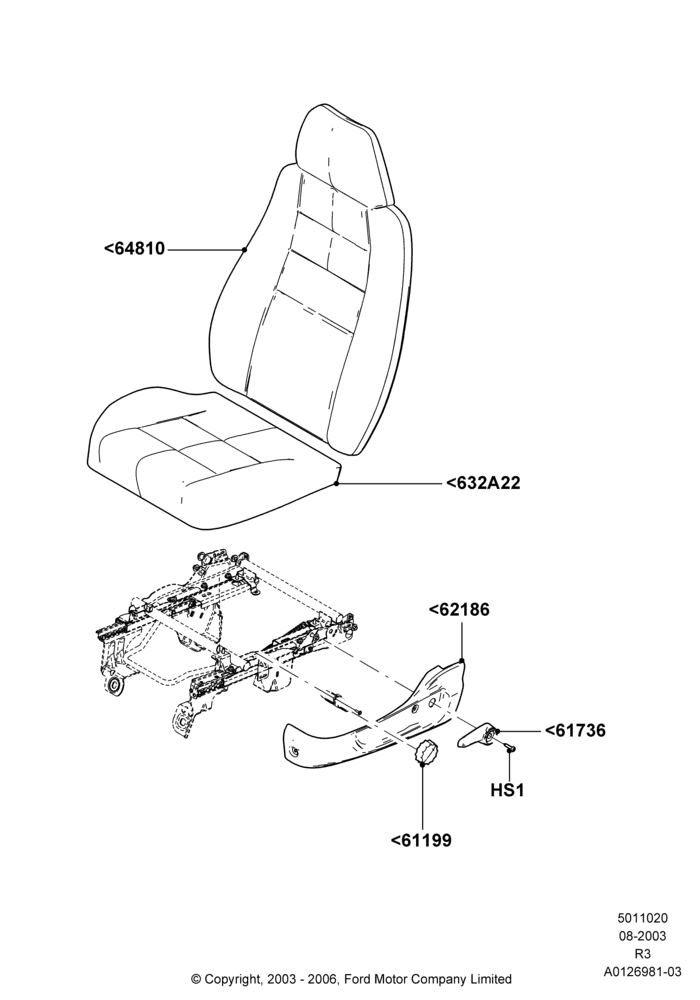 20A - Front Seat Pads/Valances & Heating, Sports Front Seat, 40/40 Seat; 04/AUG/2003-01/MAY/2006