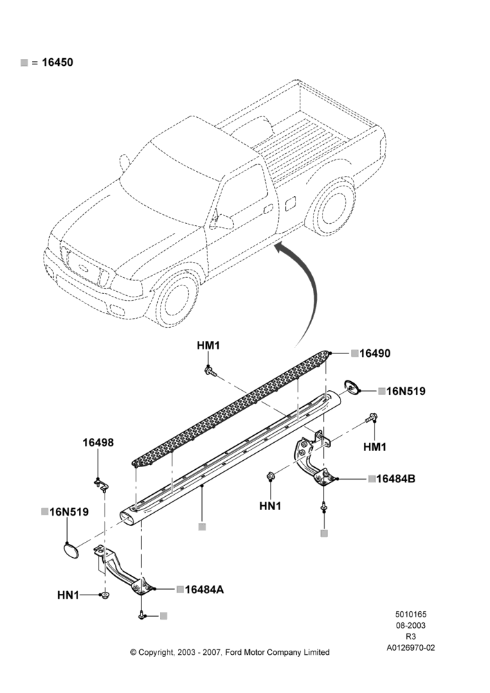 65A - Running Boards/Side Steps, Regular Cab, Factory Installed; 04/AUG/2003-08/AUG/2005