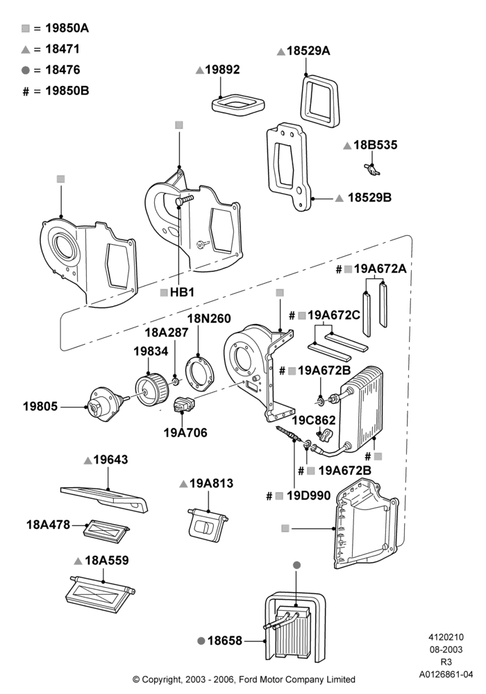 10B - Heater/Air Cond.Internal Components, With Air Conditioning; 04/AUG/2003-16/DEC/2011