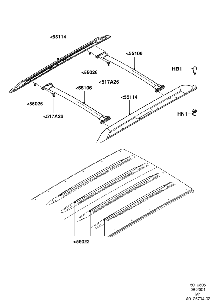 05C - Roof Rack Systems, Lincoln/Mercury Series, Production Installed; 02/AUG/2004-01/MAY/2006