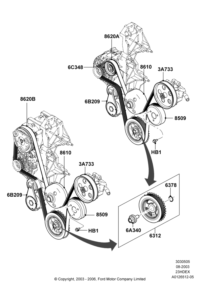 Pulleys and Drive Belts, 2.3L 4V NA I4 Petrol