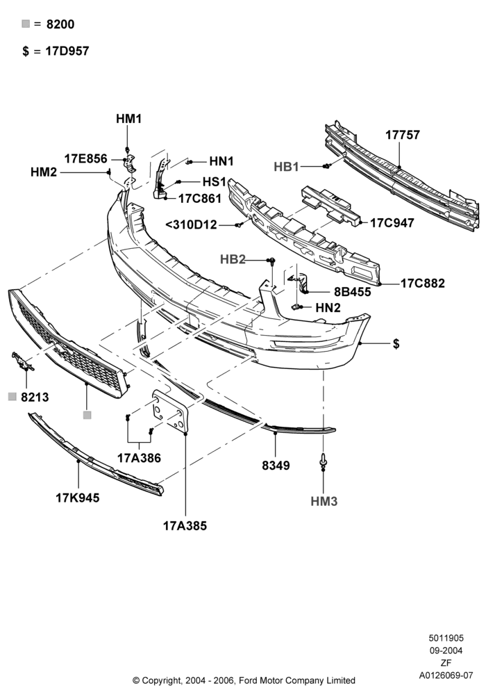 05A - Radiator Grille and Front Bumper, Base, Less Appearance Group, Less Version Packages; 07/SEP/2004-26/FEB/2009