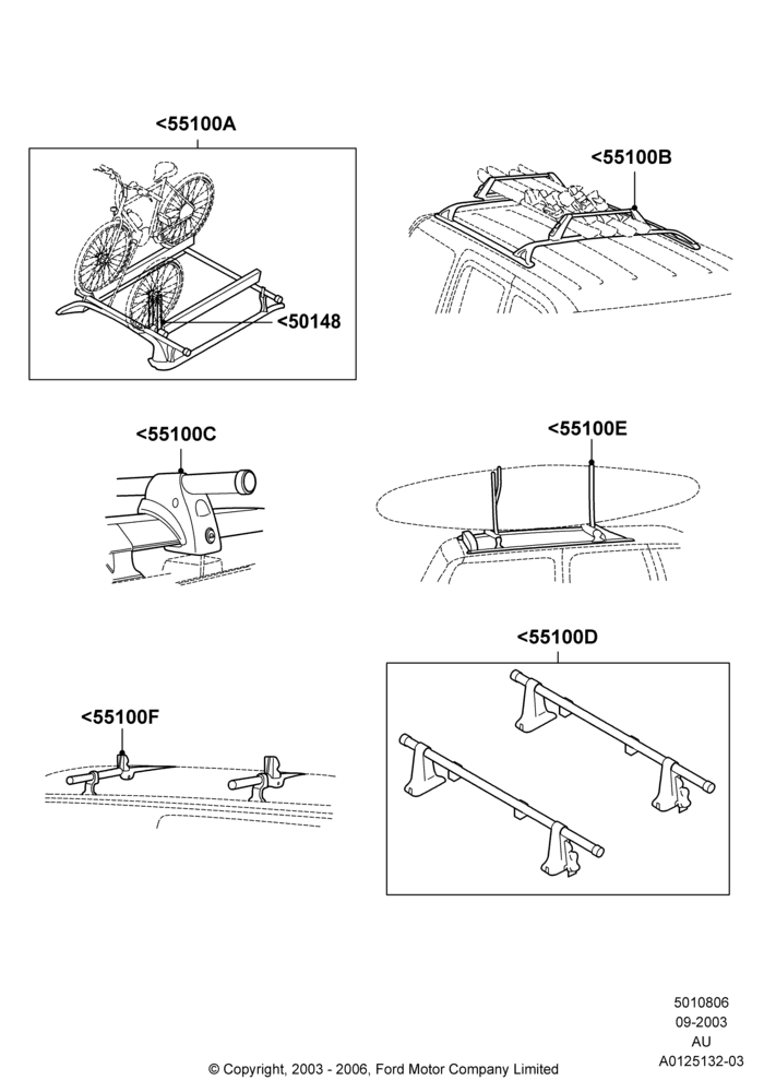 06A - Accessory Roof Rack Mounting Kits, Accessory, Cross Bar, Ski Racks, Bike Racks, Wheel Holder, Kayak And Canoe Carrier, Removable Roof Rack (Multi Sport); 05/APR/2004-18/JUL/2005