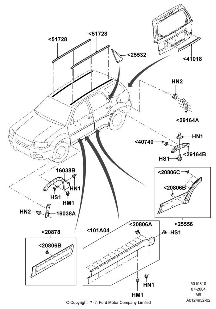 10B - Body Mouldings, Ford Series, With Wheel Lip Moulding; 26/JUL/2004-01/MAY/2006
