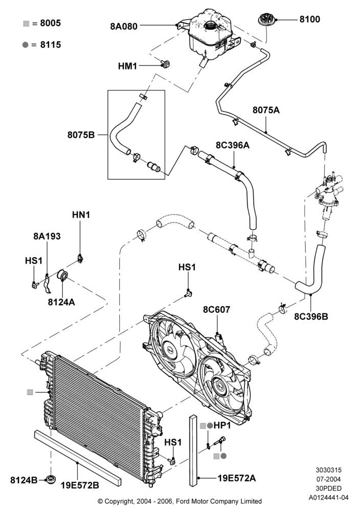 15D - Radiator/Coolant Overflow Container, 3.0 V6 24V DOHC EFI Modular; 12/JUL/2004-30/APR/2007