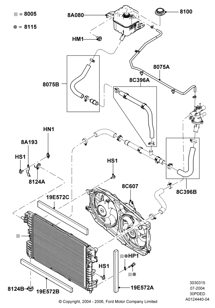 15C - Radiator/Coolant Overflow Container, 3.0 V6 24V DOHC EFI Modular; 12/JUL/2004-04/JUN/2007