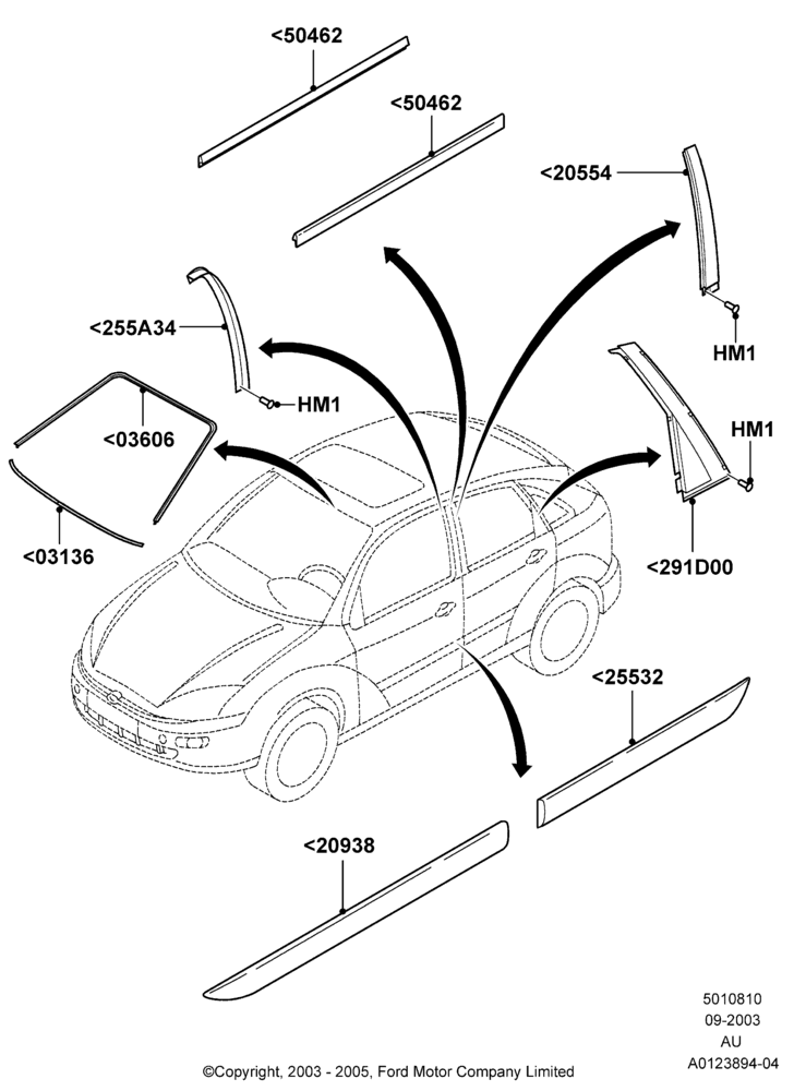10C - Body Mouldings, 5 Door Sedan; 04/SEP/2003-27/AUG/2007