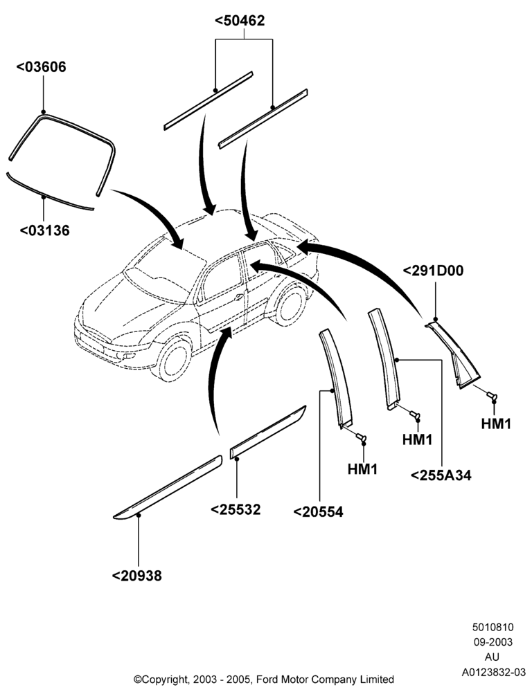 10B - Body Mouldings, 4 Door Sedan; 04/SEP/2003-27/AUG/2007