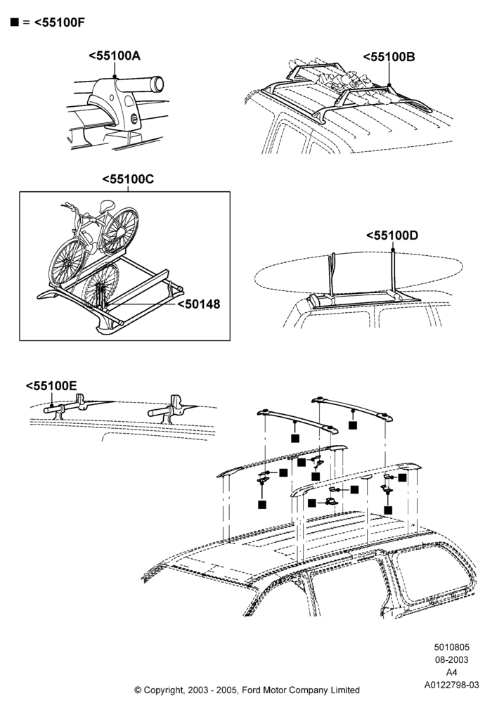 05Y - Roof Rack Systems, Accessory, Cross Bar, Ski Racks, Bike Racks, Wheel Holder, Kayak And Canoe Carrier; 25/AUG/2003-30/MAY/2005