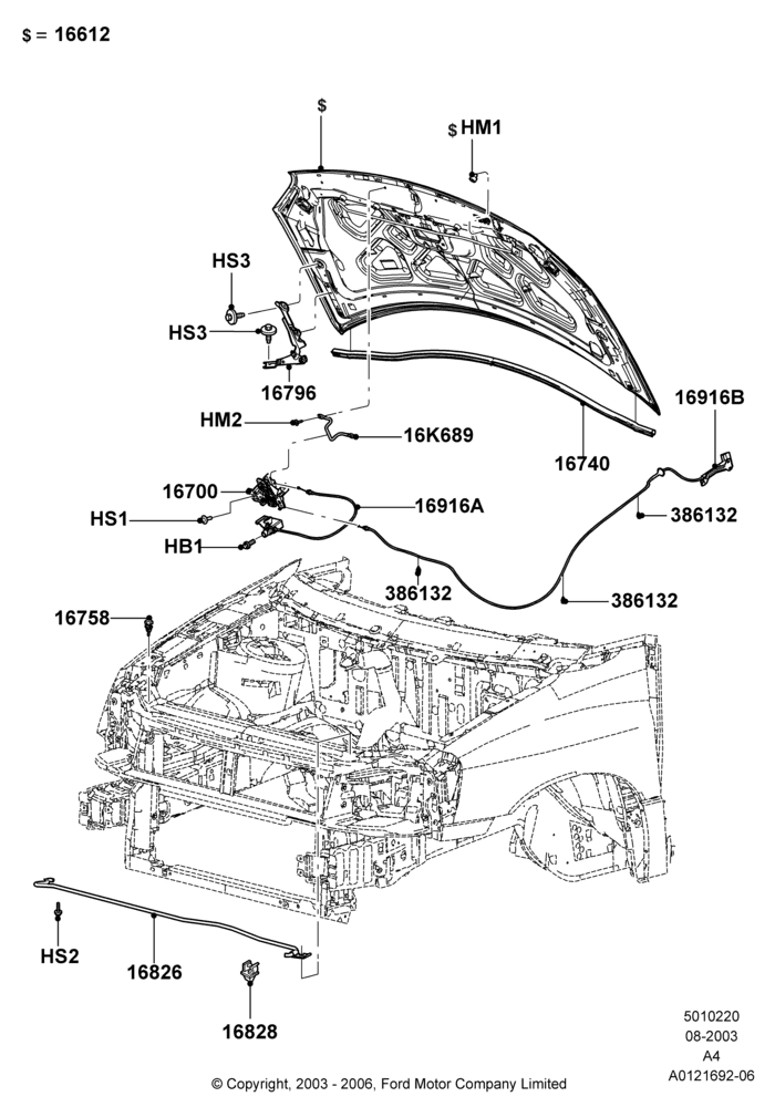 20A - Hood and Related Parts, Production Installed; 25/AUG/2003-02/JAN/2007