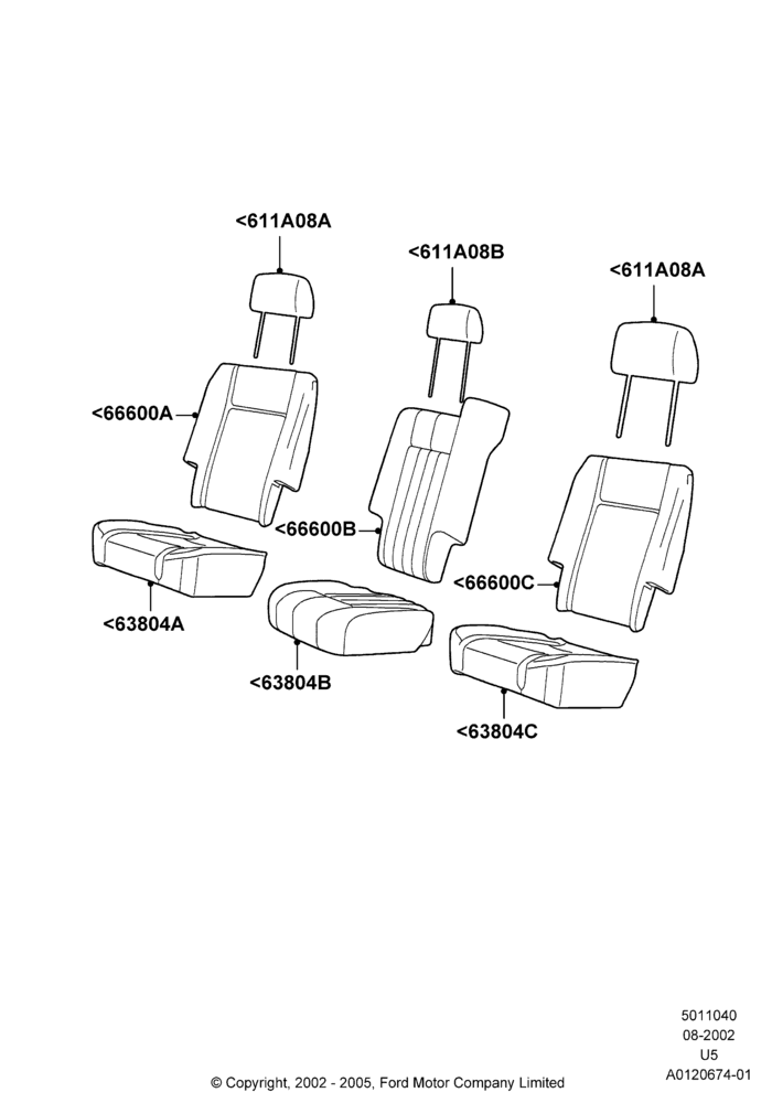 40H - Rear Seat Covers, Ford Series, With All Second Row 40-20-40 Seats; 19/AUG/2002-19/JUL/2005