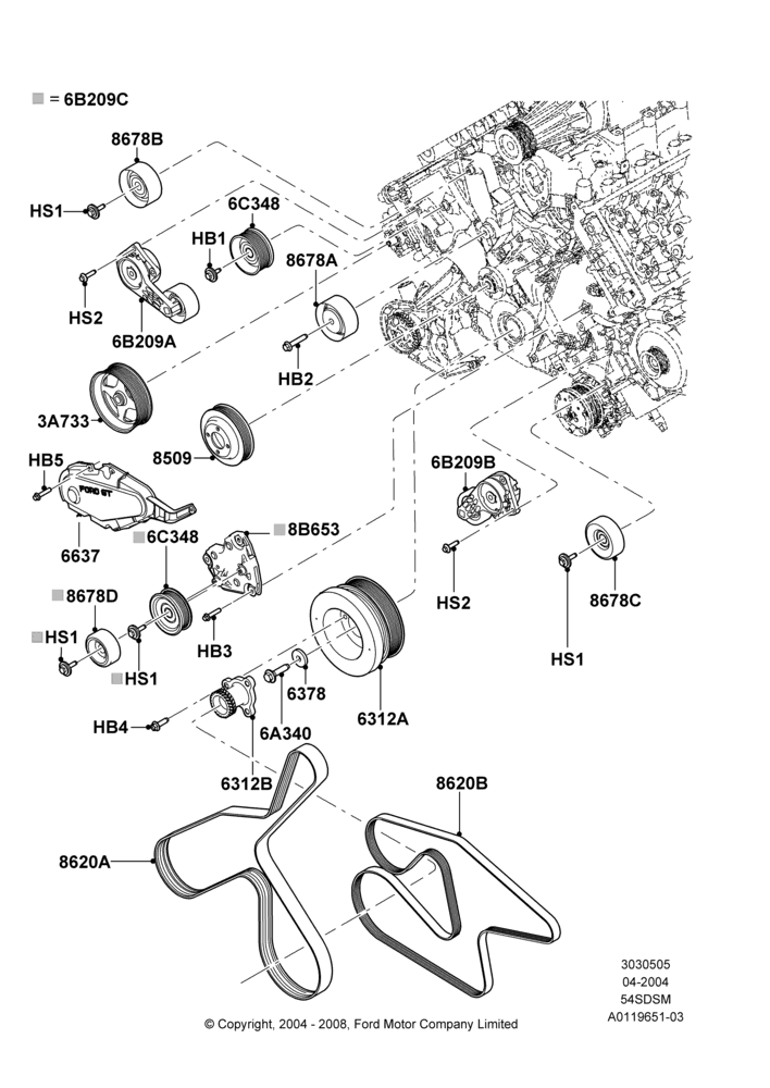 05A - Pulleys and Drive Belts, 5.4L 4V DOHC EFI S/C ALUM V8 G; 30/JUN/2004-30/SEP/2006